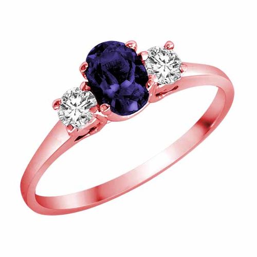18K Rose Gold 3 Stone Oval Blue Sapphire and Round Diamond Ring (0.45 cttw)