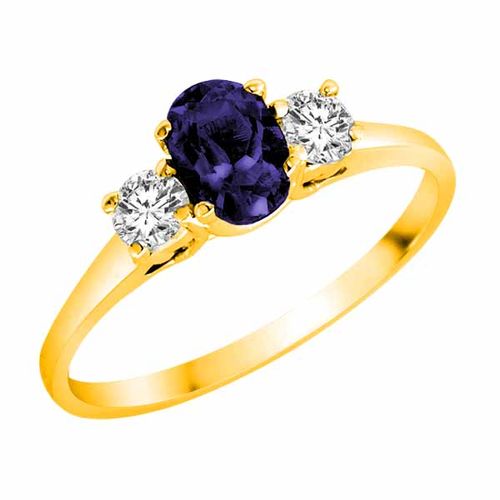 18K Yellow Gold 3 Stone Oval Blue Sapphire and Round Diamond Ring (0.45 cttw)