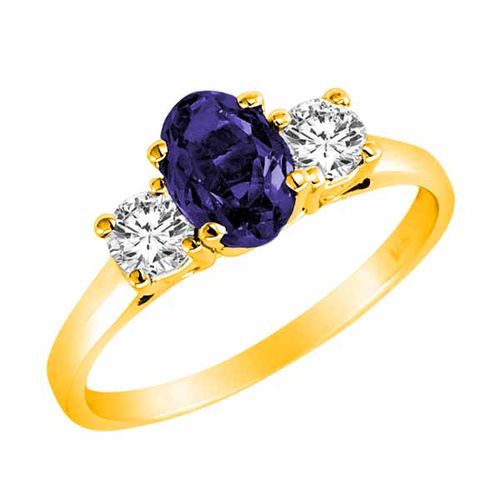 18K Yellow Gold 3 Stone Oval Blue Sapphire and Round Diamond Ring (0.95 cttw)