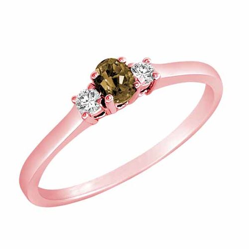 10K Rose Gold 3 Stone Oval Smoky Quartz and Round Diamond Ring (0.25 cttw)