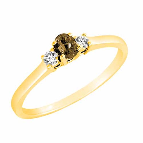 10K Yellow Gold 3 Stone Oval Smoky Quartz and Round Diamond Ring (0.25 cttw)