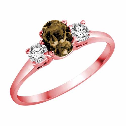 10K Rose Gold 3 Stone Oval Smoky Quartz and Round Diamond Ring (0.45 cttw)