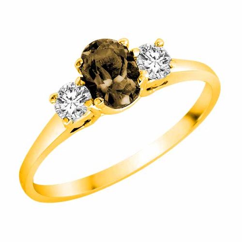 10K Yellow Gold 3 Stone Oval Smoky Quartz and Round Diamond Ring (0.45 cttw)