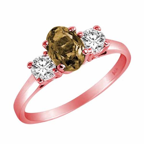 10K Rose Gold 3 Stone Oval Smoky Quartz and Round Diamond Ring (0.95 cttw)