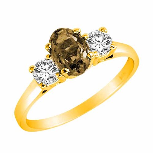 18K Yellow Gold 3 Stone Oval Smoky Quartz and Round Diamond Ring (0.95 cttw)