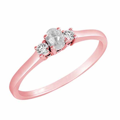 18K Rose Gold 3 Stone Oval White Quartz and Round Diamond Ring (0.25 cttw)