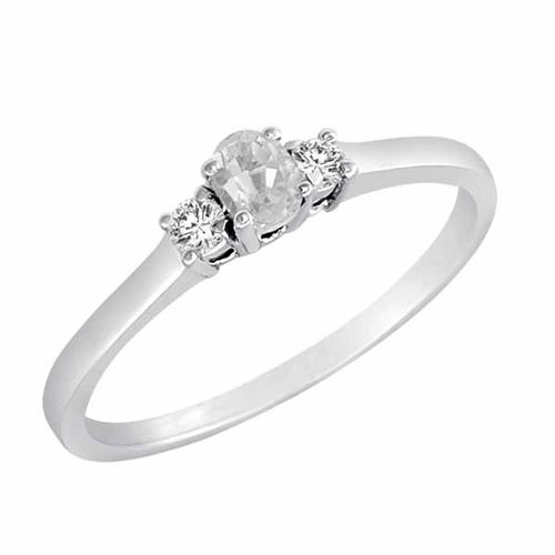 10K White Gold 3 Stone Oval White Quartz and Round Diamond Ring (0.25 cttw)