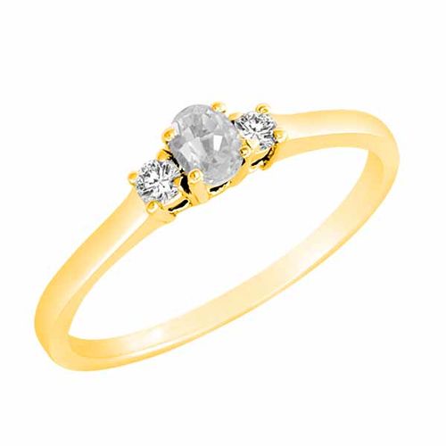 18K Yellow Gold 3 Stone Oval White Quartz and Round Diamond Ring (0.25 cttw)