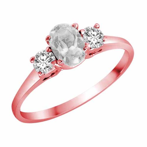 14K Rose Gold 3 Stone Oval White Quartz and Round Diamond Ring (0.45 cttw)