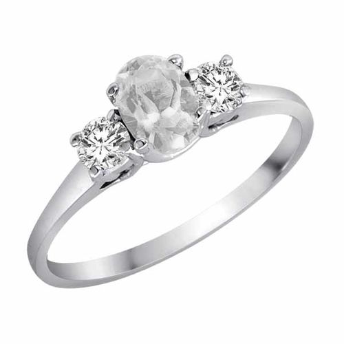 10K White Gold 3 Stone Oval White Quartz and Round Diamond Ring (0.45 cttw)