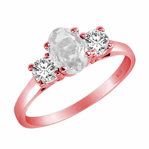 10K Rose Gold 3 Stone Oval White Quartz and Round Diamond Ring (0.95 cttw)