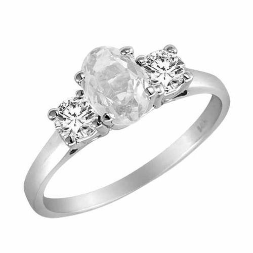 18K White Gold 3 Stone Oval White Quartz and Round Diamond Ring (0.95 cttw)