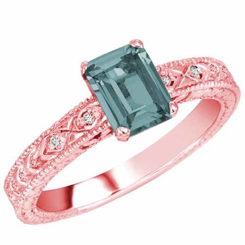 10K Rose Gold Emerald Cut Aquamarine & Round Diamond Engagement Ring (1 cttw, F-G, VS)