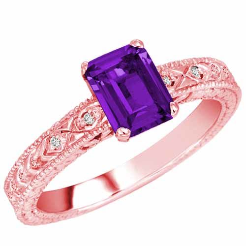 10K Rose Gold Emerald Cut Amethyst and Round Diamond Engagement Ring (1 cttw, F-G, VS)