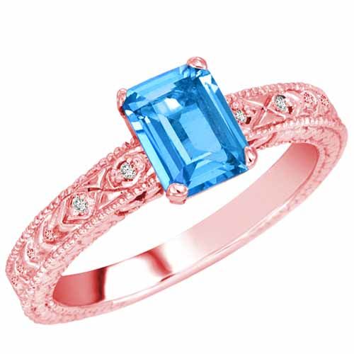 14K Rose Gold Emerald Cut Blue Topaz and Round Diamond Engagement Ring (1 cttw, F-G, VS)