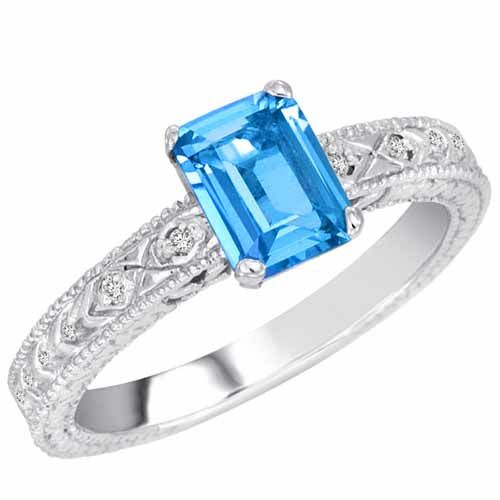 10K White Gold Emerald Cut Blue Topaz and Round Diamond Engagement Ring (1 cttw, F-G, VS)