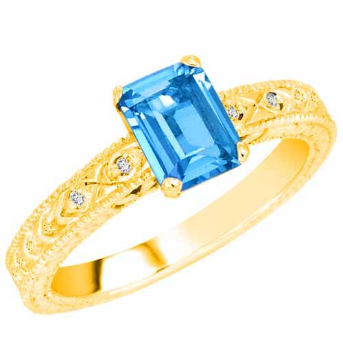 10K Yellow Gold Emerald Cut Blue Topaz and Round Diamond Engagement Ring (1 cttw, F-G, VS)