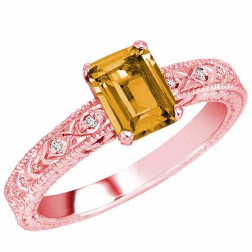 18K Rose Gold Emerald Cut Citrine and Round Diamond Engagement Ring (1 cttw, F-G, VS)
