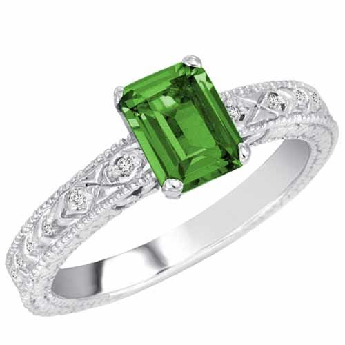 14K White Gold Emerald Cut Emerald and Round Diamond Engagement Ring (1 cttw, F-G, VS)