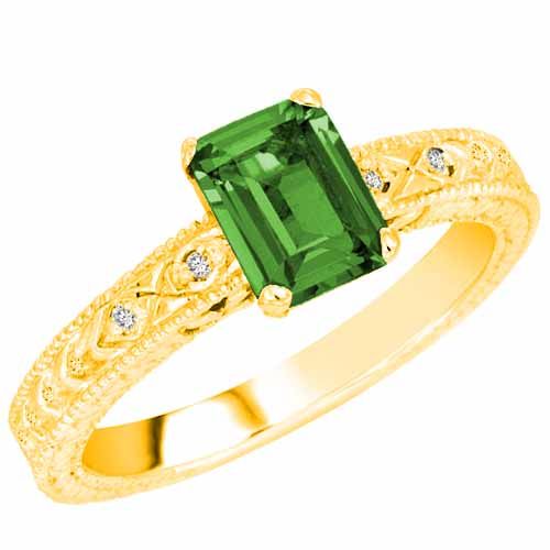 18K Yellow Gold Emerald Cut Emerald and Round Diamond Engagement Ring (1 cttw, F-G, VS)