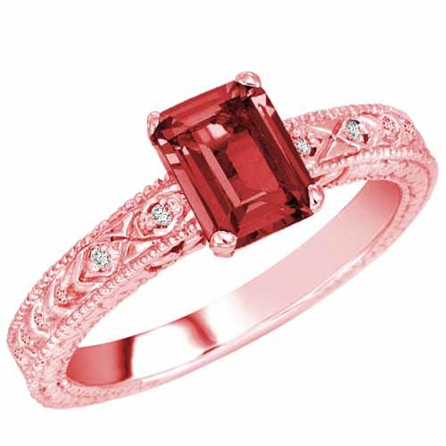 10K Rose Gold Emerald Cut Garnet and Round Diamond Engagement Ring (1 cttw, F-G, VS)