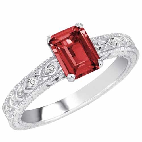 10K White Gold Emerald Cut Garnet and Round Diamond Engagement Ring (1 cttw, F-G, VS)