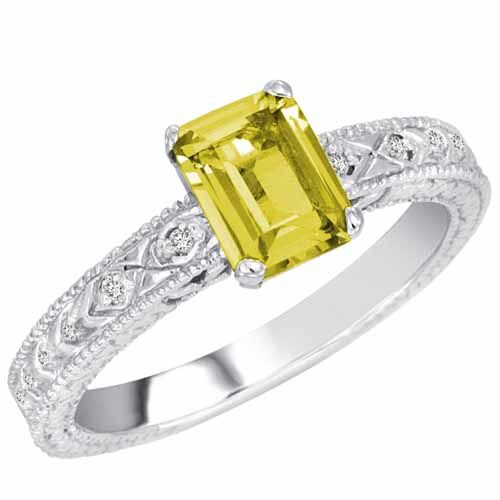 14K White Gold Emerald Cut Lemon Quartz and Round Diamond Engagement Ring (1 cttw, F-G, VS)