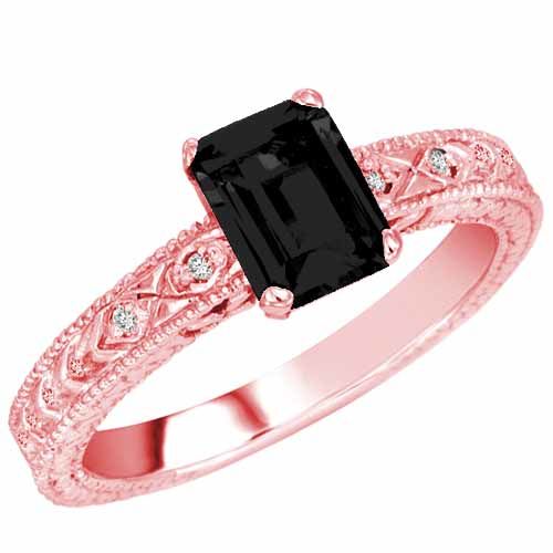 10K Rose Gold Emerald Cut Onyx and Round Diamond Engagement Ring (1 cttw, F-G, VS)