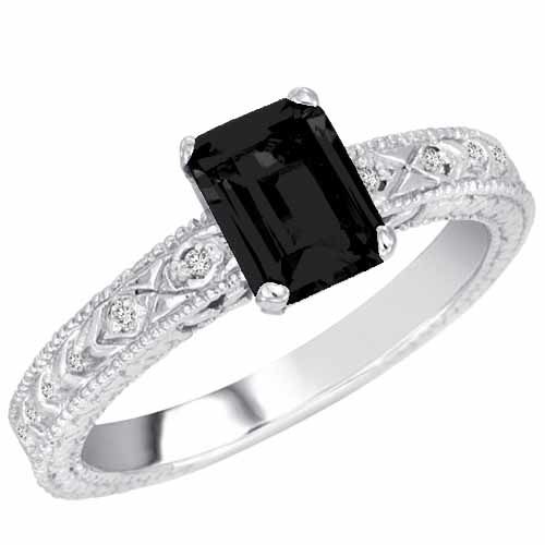 Platinum Emerald Cut Onyx and Round Diamond Engagement Ring (1 cttw, F-G, VS)