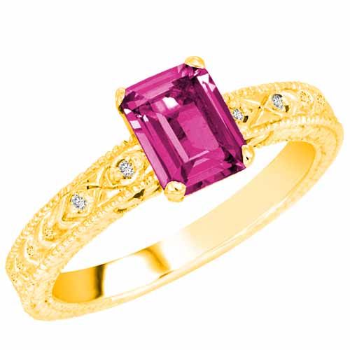 10K Yellow Gold Emerald Cut Created Pink Sapphire and Round Diamond Engagement Ring (1 cttw, F-G, VS)