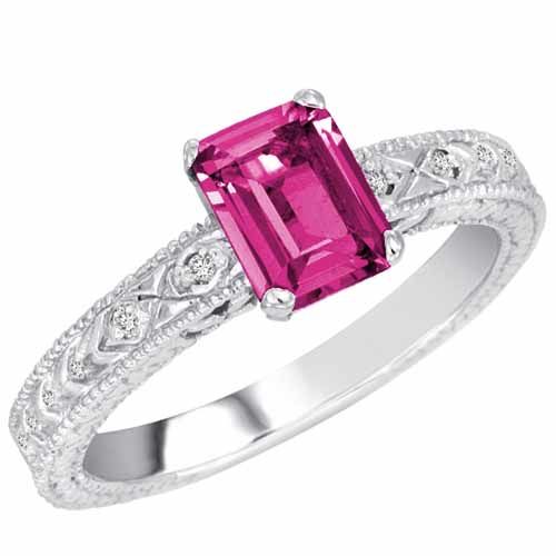 14K White Gold Emerald Cut Pink Topaz and Round Diamond Engagement Ring (1 cttw, F-G, VS)