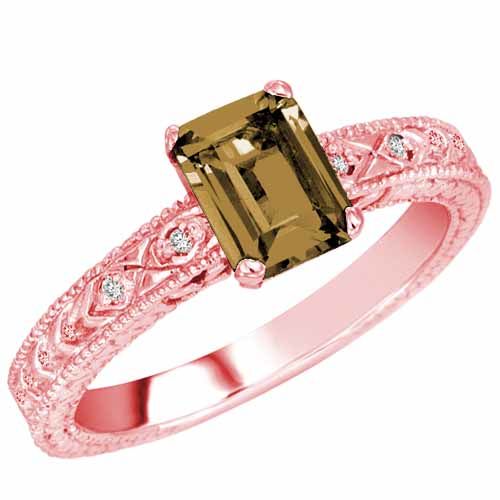 14K Rose Gold Emerald Cut Smoky Quartz and Round Diamond Engagement Ring (1 cttw, F-G, VS)