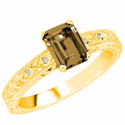 18K Yellow Gold Emerald Cut Smoky Quartz and Round Diamond Engagement Ring (1 cttw, F-G, VS)