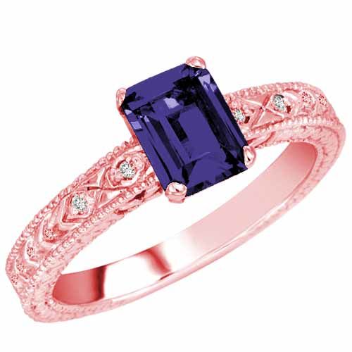 10K Rose Gold Emerald Cut Created Blue Sapphire and Round Diamond Engagement Ring (1 cttw, F-G, VS)
