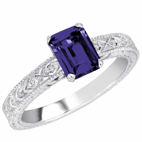 Platinum Emerald Cut Created Blue Sapphire and Round Diamond Engagement Ring (1 cttw, F-G, VS)