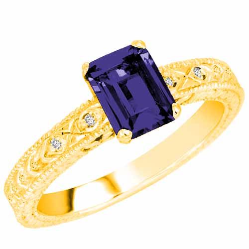 14K Yellow Gold Emerald Cut Created Blue Sapphire and Round Diamond Engagement Ring (1 cttw, F-G, VS)