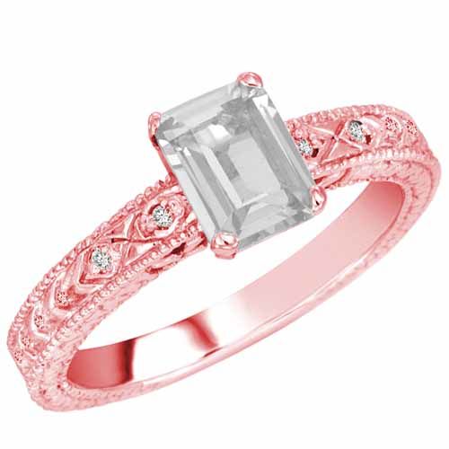 18K Rose Gold Emerald Cut White Quartz and Round Diamond Engagement Ring (1 cttw, F-G, VS)