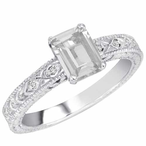 Platinum Emerald Cut White Quartz and Round Diamond Engagement Ring (1 cttw, F-G, VS)