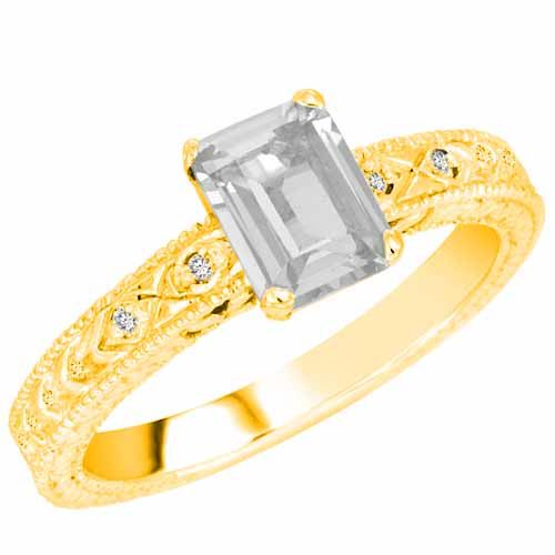 14K Yellow Gold Emerald Cut White Quartz and Round Diamond Engagement Ring (1 cttw, F-G, VS)