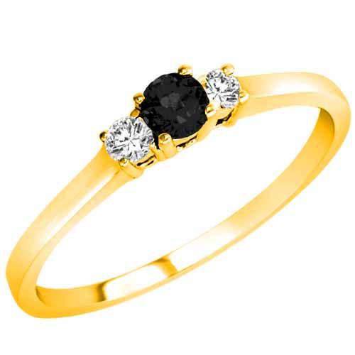 18K Yellow Gold Round 3 Stone Black Diamond & White Diamond Engagement Ring (1/4 cttw)