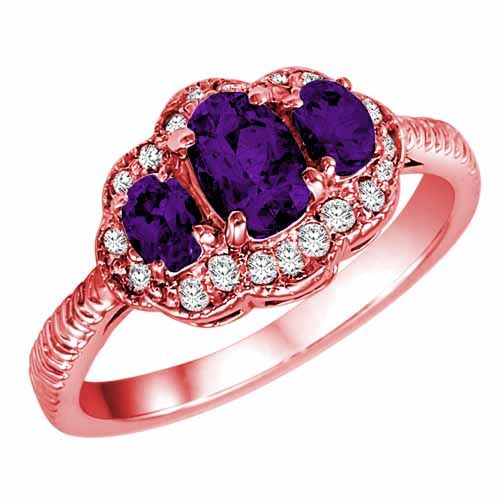18K Rose Gold Oval Amethyst and Diamond Ring with Decorated Shank
