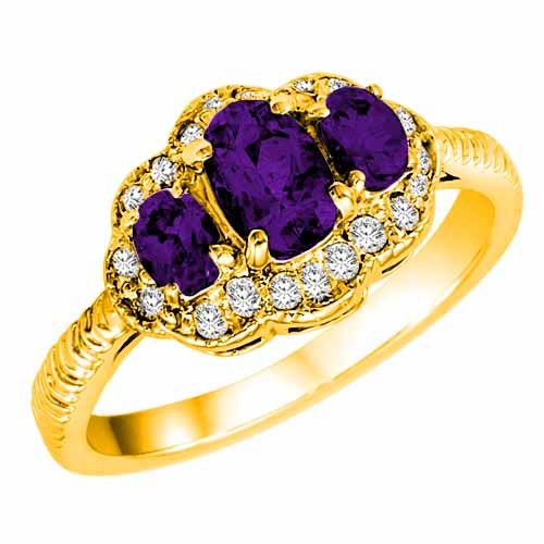 10K Yellow Gold Oval Amethyst and Diamond Ring with Decorated Shank