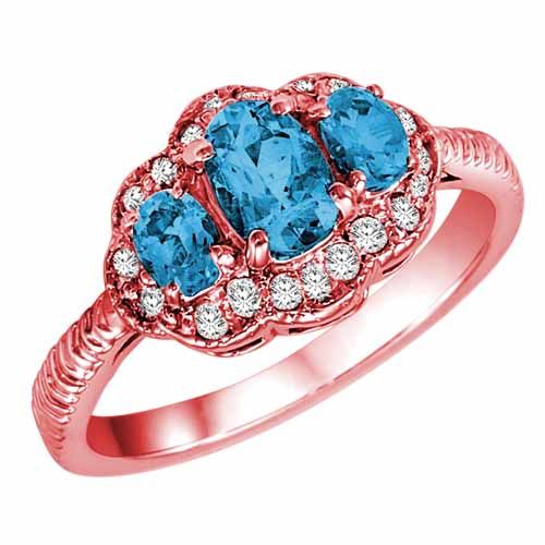 14K Rose Gold Oval Blue Topaz and Diamond Ring with Decorated Shank
