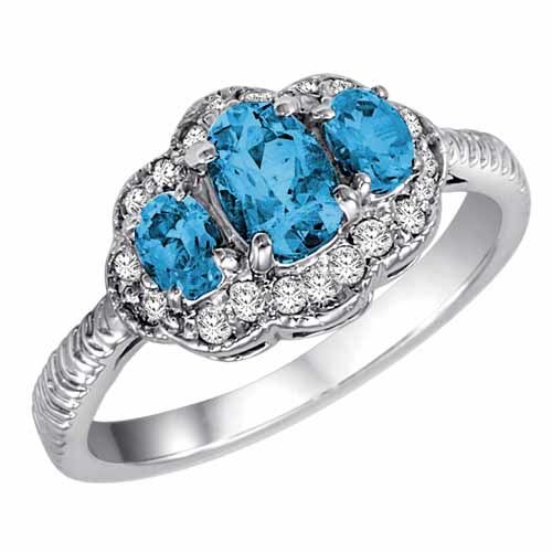 Sterling Silver Oval Blue Topaz and Diamond Ring with Decorated Shank