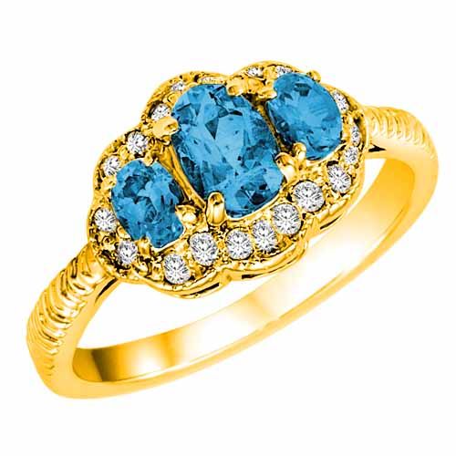 14K Yellow Gold Oval Blue Topaz and Diamond Ring with Decorated Shank
