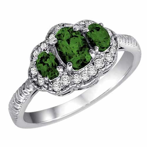 Sterling Silver Oval Emerald and Diamond Ring with Decorated Shank