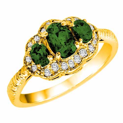 10K Yellow Gold Oval Emerald and Diamond Ring with Decorated Shank