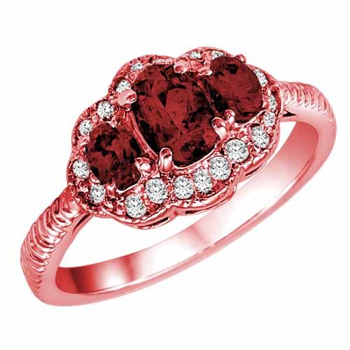 14K Rose Gold Oval Garnet and Diamond Ring with Decorated Shank