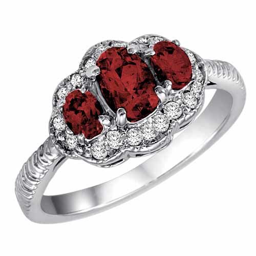14K White Gold Oval Garnet and Diamond Ring with Decorated Shank