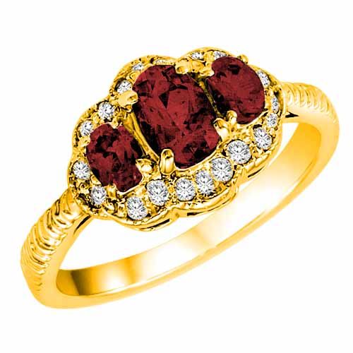 18K Yellow Gold Oval Garnet and Diamond Ring with Decorated Shank